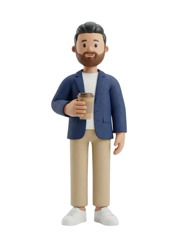 Full-body 3D character of a male Jordanian entrepreneur wearing a navy blazer, white t-shirt, beige trousers and white sneakers, holding a takeaway coffee cup with a trimmed beard and short dark hair, smiling in a relaxed standing pose. Isolated on a transparent/black background.
