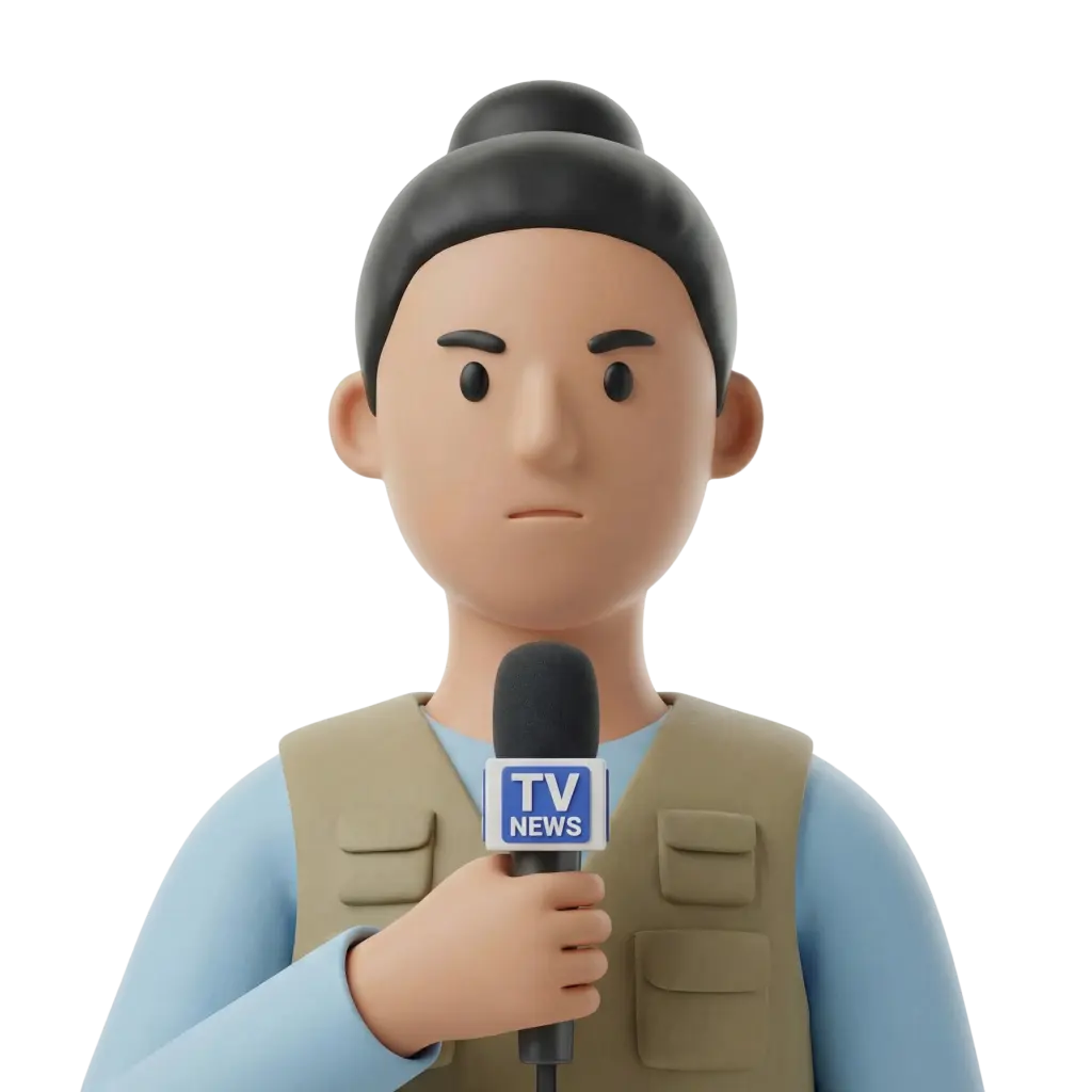 3D portrait bust of a female broadcast reporter with hair in a bun, wearing a khaki field vest over a light blue shirt and holding a handheld microphone with a 'TV NEWS' flag; neutral, focused expression and straight-forward pose against a transparent/black background.