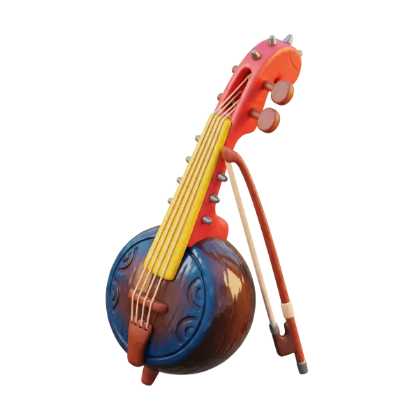 3D render of a stylised joza fiddle with a glossy round wooden body and a blue carved soundboard, yellow fingerboard, red-orange neck and tuning pegs, plus a curved bow leaning beside it. Isolated on a transparent background.