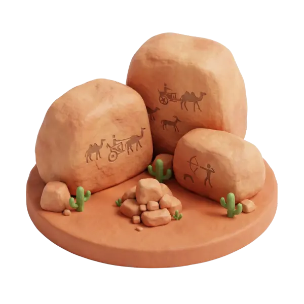 3D render of three large sandstone boulders arranged on a circular desert base, each engraved with stylized petroglyphs of camels, chariots and human figures; small cacti and scattered rocks surround them under warm, soft studio lighting. Isolated render with a matte clay-like finish and gentle shadows, shown from a slightly elevated frontal perspective.