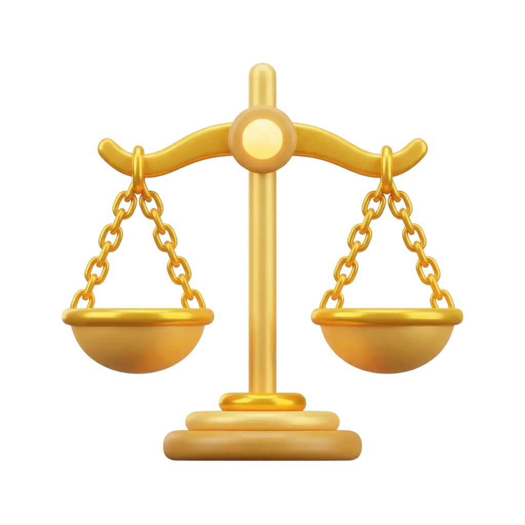 3D render of a glossy gold balance scale with two chain-hung pans, a central post and rounded pedestal, metallic finish. Isolated on a transparent background.
