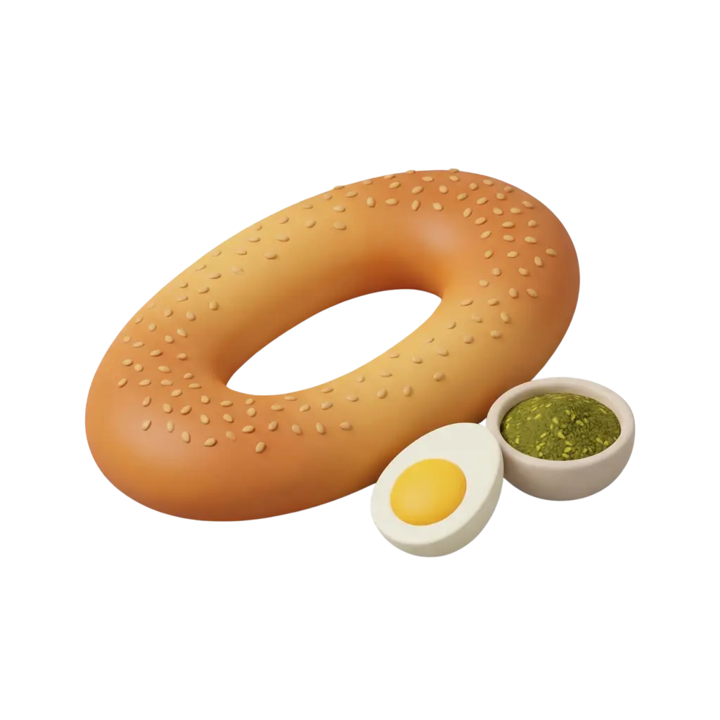 3D render of a golden-brown ka'ak ring topped with sesame seeds, shown with a halved boiled egg and a small bowl of green za'atar dip on a black background. Matte, slightly glossy textures and isolated composition.