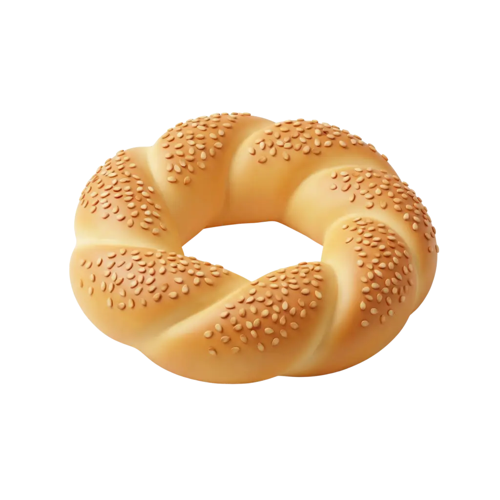 3D render of a sesame ka'ak ring bread with a golden-brown braided crust, sprinkled sesame seeds and smooth surface, isolated on a black background.