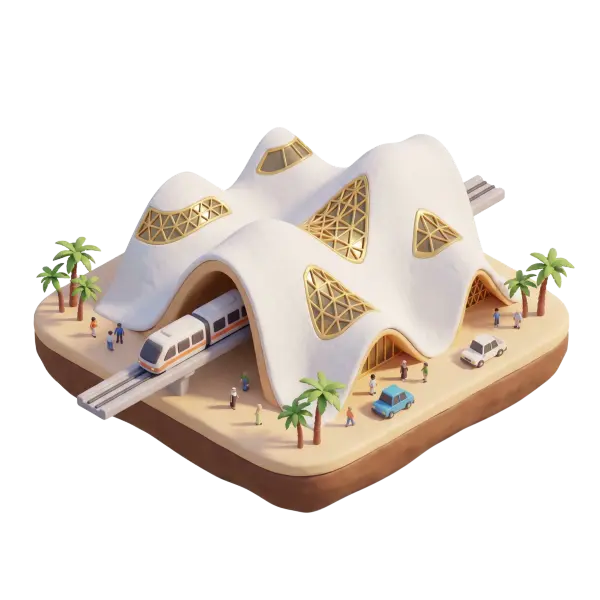 3D render of a modern metro station with a wavy white roof and golden lattice windows, an elevated train entering the arched entrance, palm trees, cars and small human figures on a sandy base, isolated on a transparent background with soft studio lighting.
