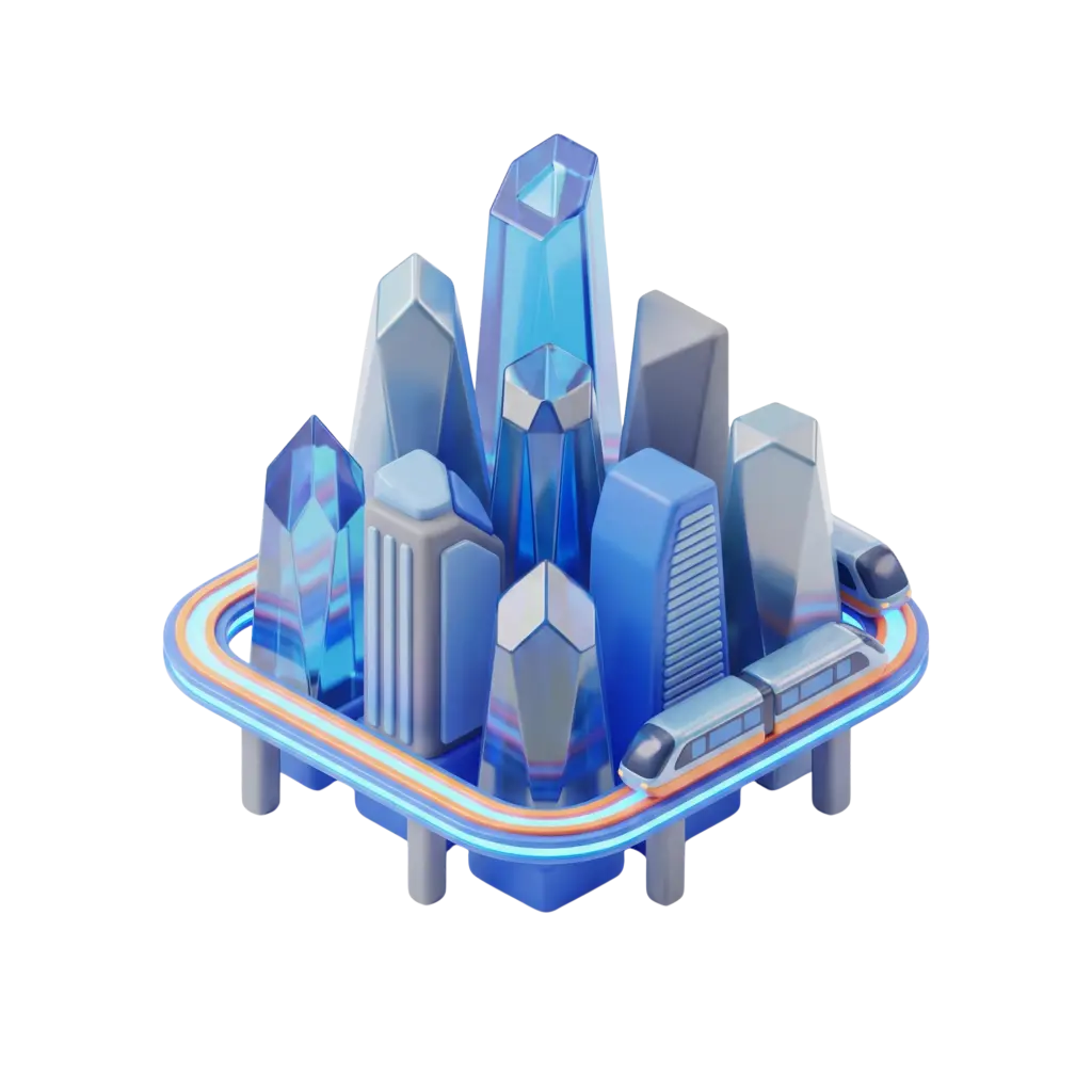 3D render of a stylized cluster of blue crystalline skyscrapers on a raised platform with an elevated monorail track circling it, glossy iridescent glass and metallic finishes, isolated on a black background.