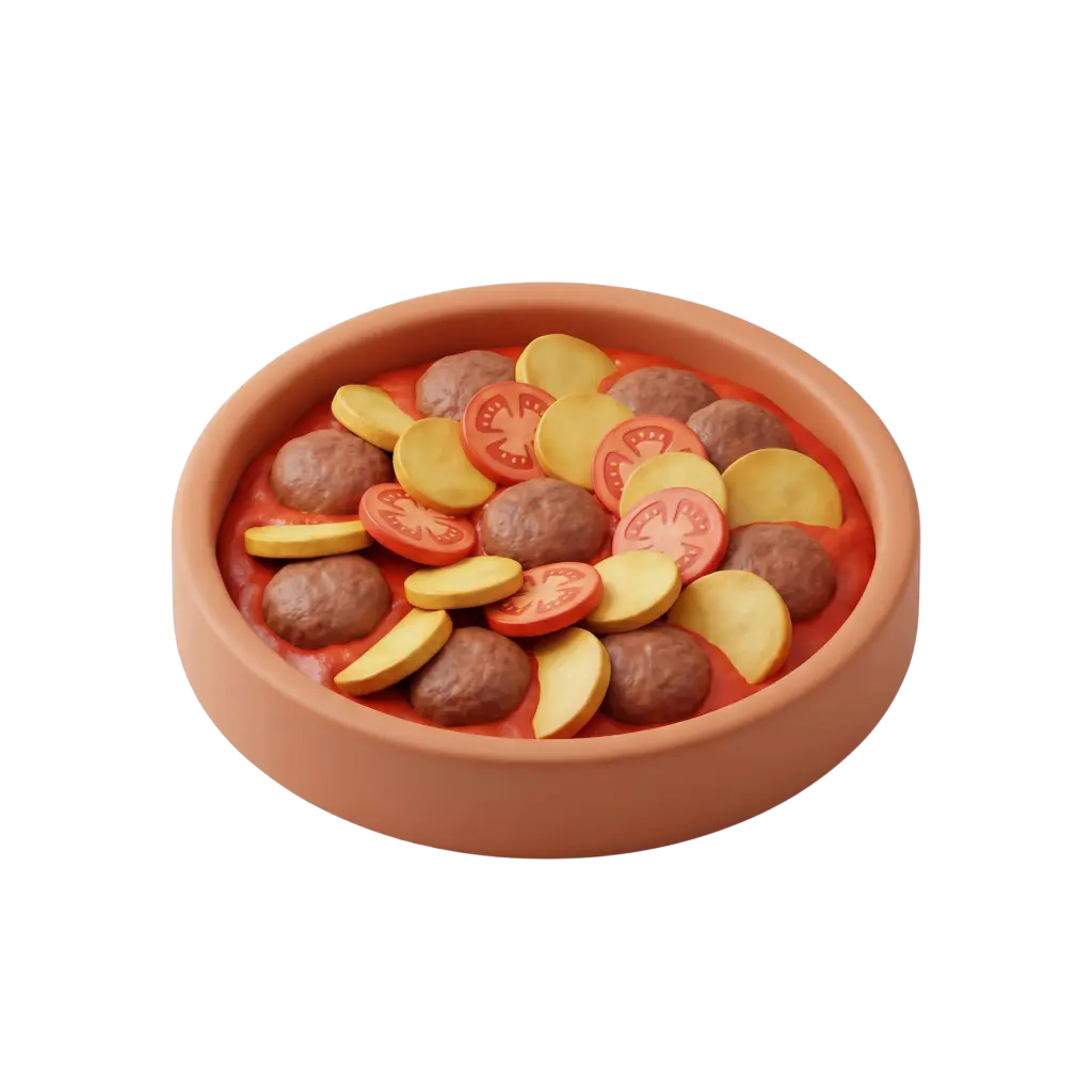 3D render of Kafta Bil Sanieh in a round terracotta baking dish, showing browned meatballs, sliced tomatoes and potato rounds on a red tomato sauce, warm earthy colors and matte clay texture on an isolated black background.