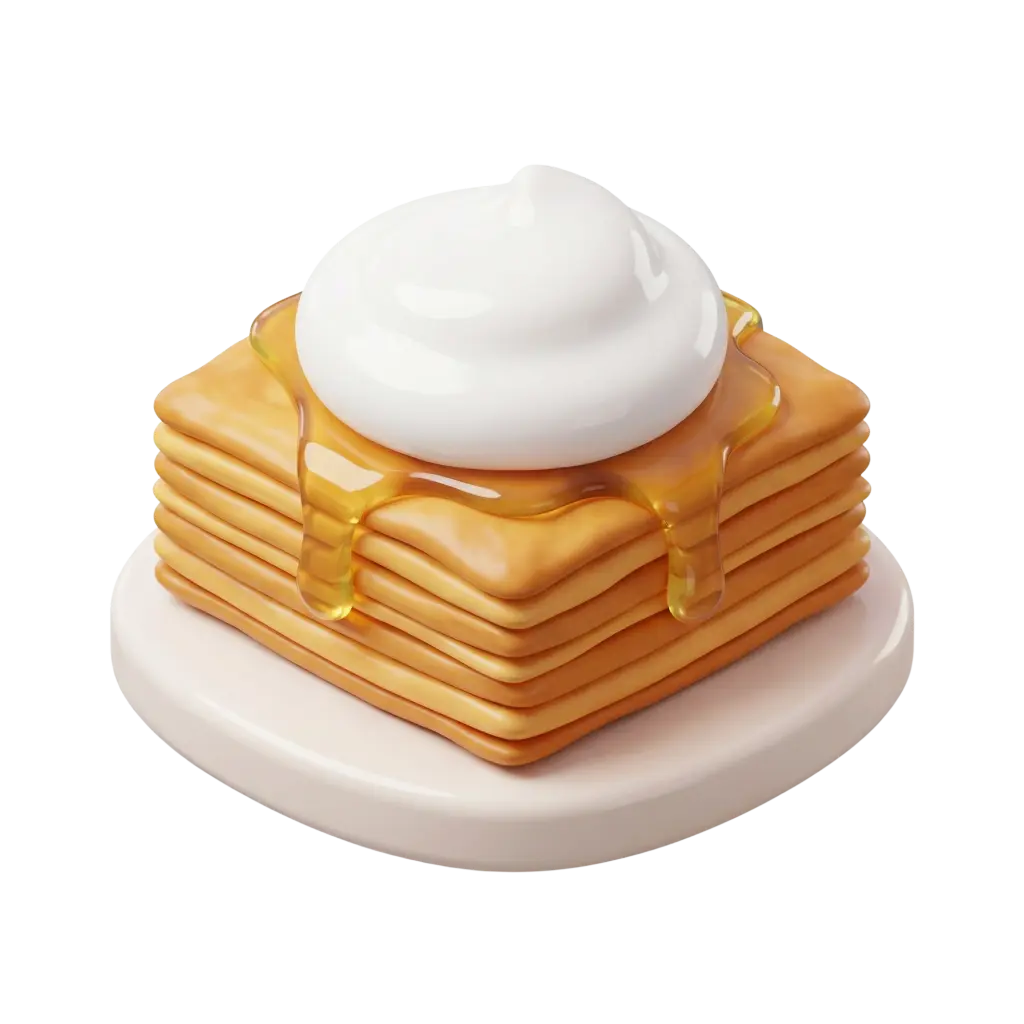 3D render of a square stack of thin golden-brown layered pastry drizzled with amber syrup and topped with a glossy white cream dollop, placed on a round pale plate against a dark background.