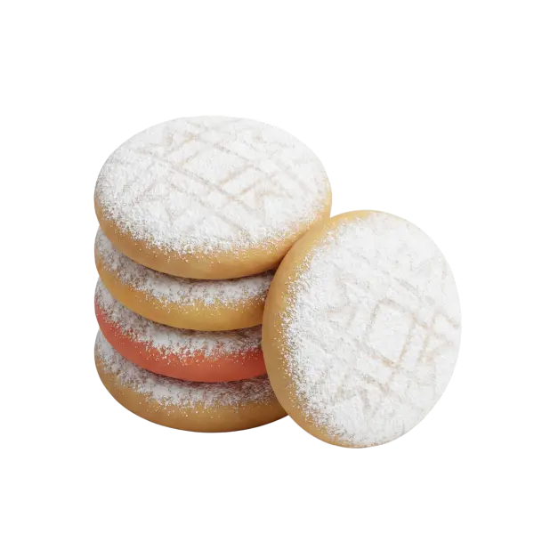 3D render of a stack of round kahk (Eid cookies) dusted with powdered sugar, showing stamped geometric patterns and golden-brown dough with one cookie leaning in front on a black background.