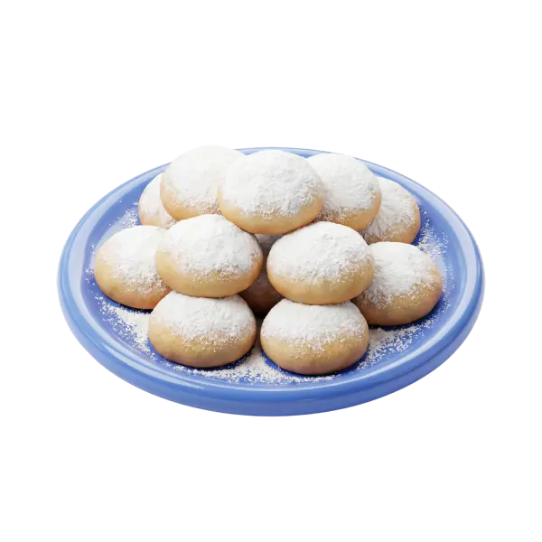 Top-down shot of a stack of kahk cookies dusted with powdered sugar on a blue ceramic plate, light golden crumbly texture and scattered sugar, isolated black background.
