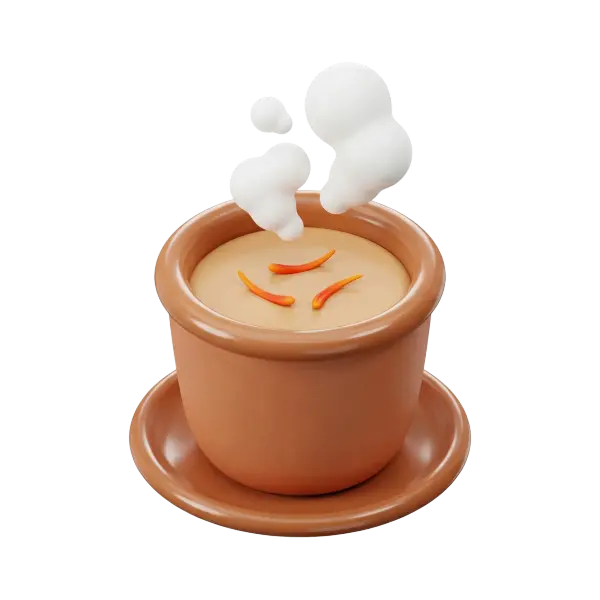 3D render of a Karak chai in a rounded terracotta ceramic cup and matching saucer, creamy tan tea surface topped with three orange saffron-like strips and stylized white steam puffs. Glossy ceramic finish on a transparent background.