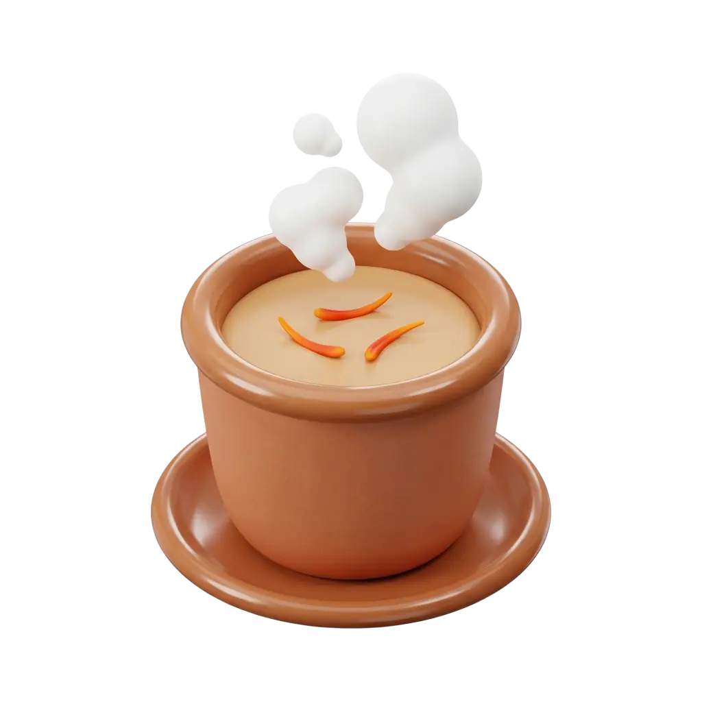 3D render of a steaming karak tea in a terracotta cup and saucer with a creamy light-brown surface topped by three saffron-like strands and stylized white steam puffs against a black background.