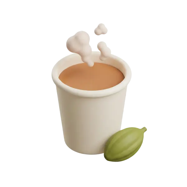 3D render of a cream cup filled with milky brown karak tea, visible rising steam puffs and a green cardamom pod beside the cup on a transparent black background.