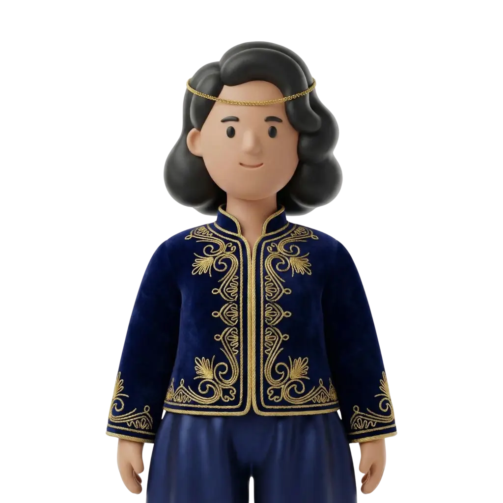 3D portrait bust of a woman wearing a deep blue velvet Karakou jacket with intricate gold embroidery, matching blue skirt, short wavy black hair and a delicate gold headchain, neutral friendly expression and hands visible at her sides. Isolated on a black background as an isolated render.