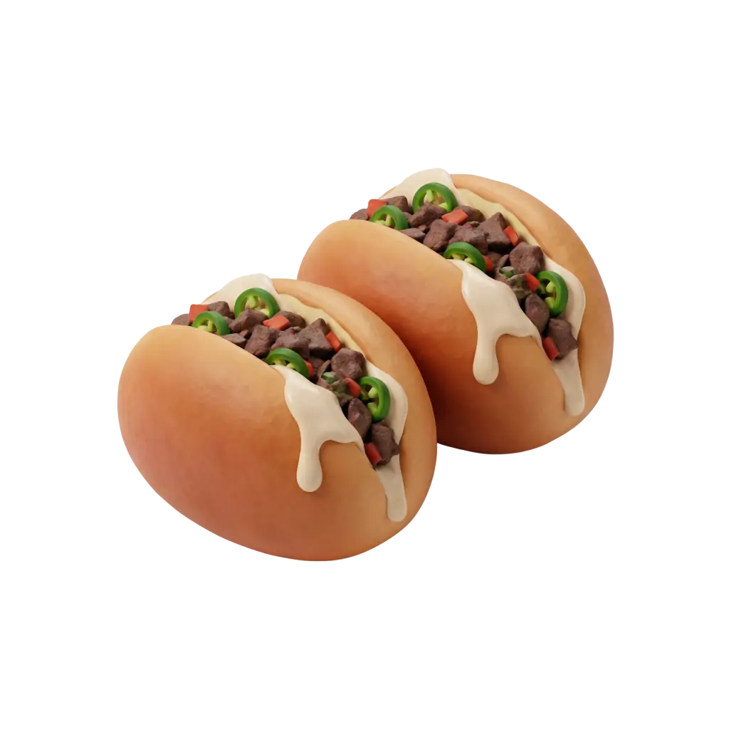 3D render of two Kebda Eskandarani sandwiches in soft split buns filled with diced fried liver, sliced green chili rings, small red pepper pieces and a white garlic sauce dripping over the edges, isolated on a black background.