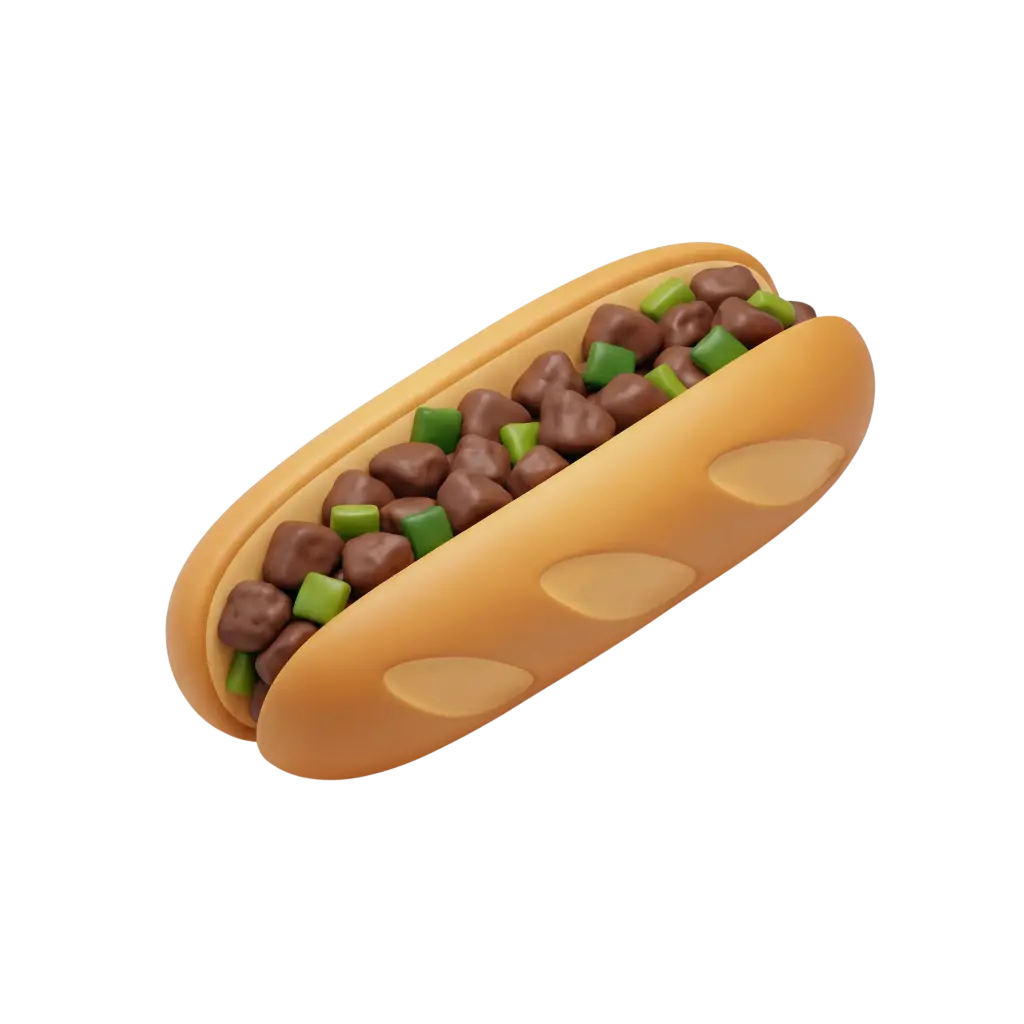 3D render of a kebdah (liver) sandwich in a golden-brown split roll filled with glossy brown liver pieces and small bright green pepper cubes. Isolated on a black background.