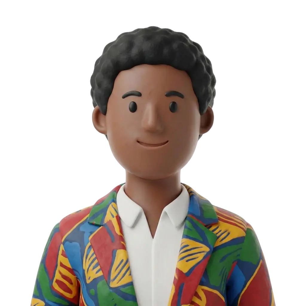 3D portrait bust of a Kenyan corporate woman wearing a colorful patterned blazer over a white collared shirt, short curly black hair, and a warm confident smile, front-facing pose against a black isolated background.