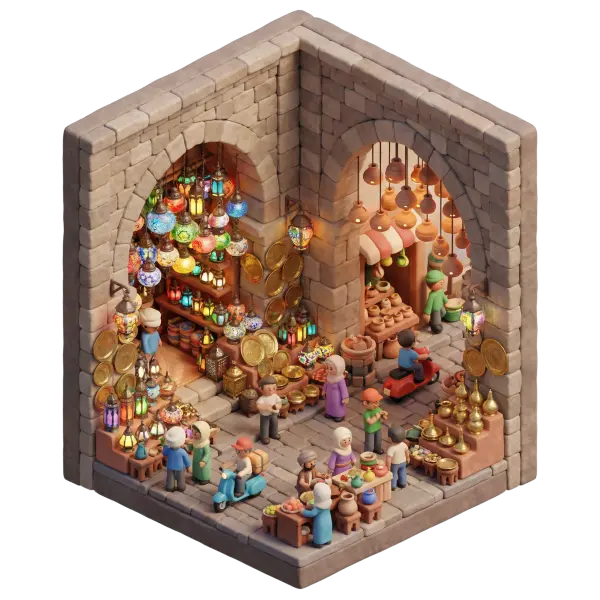 3D render of Khan el-Khalili market arcade with stone arches, colorful hanging glass lanterns and brassware stalls, populated by stylized figures and scooters. Warm ambient lighting accentuates the mosaic lamps, ceramic pots and textured stone pavement from an isometric viewpoint.