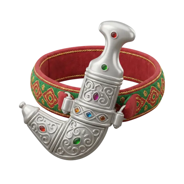 3D render of a traditional khanjar dagger sheath with ornate silver engravings and colored gemstone insets, paired with a red-and-green embroidered fabric belt with gold thread; glossy metallic finish on the sheath and velvet-like textile texture on the belt. Isolated render on a transparent background.