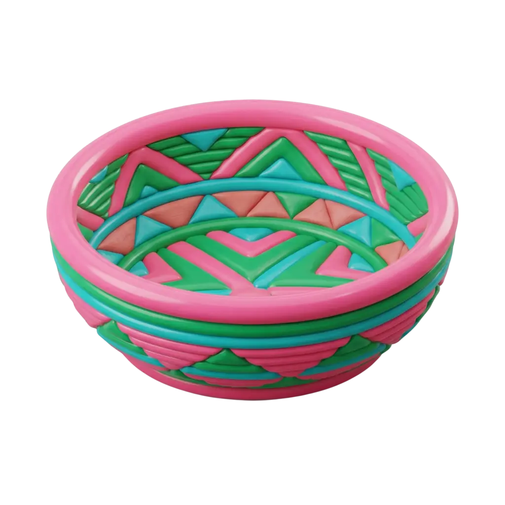 3D render of a shallow woven khaws basket with glossy pink, green and turquoise strands forming chevron and triangular patterns, isolated on a black background.