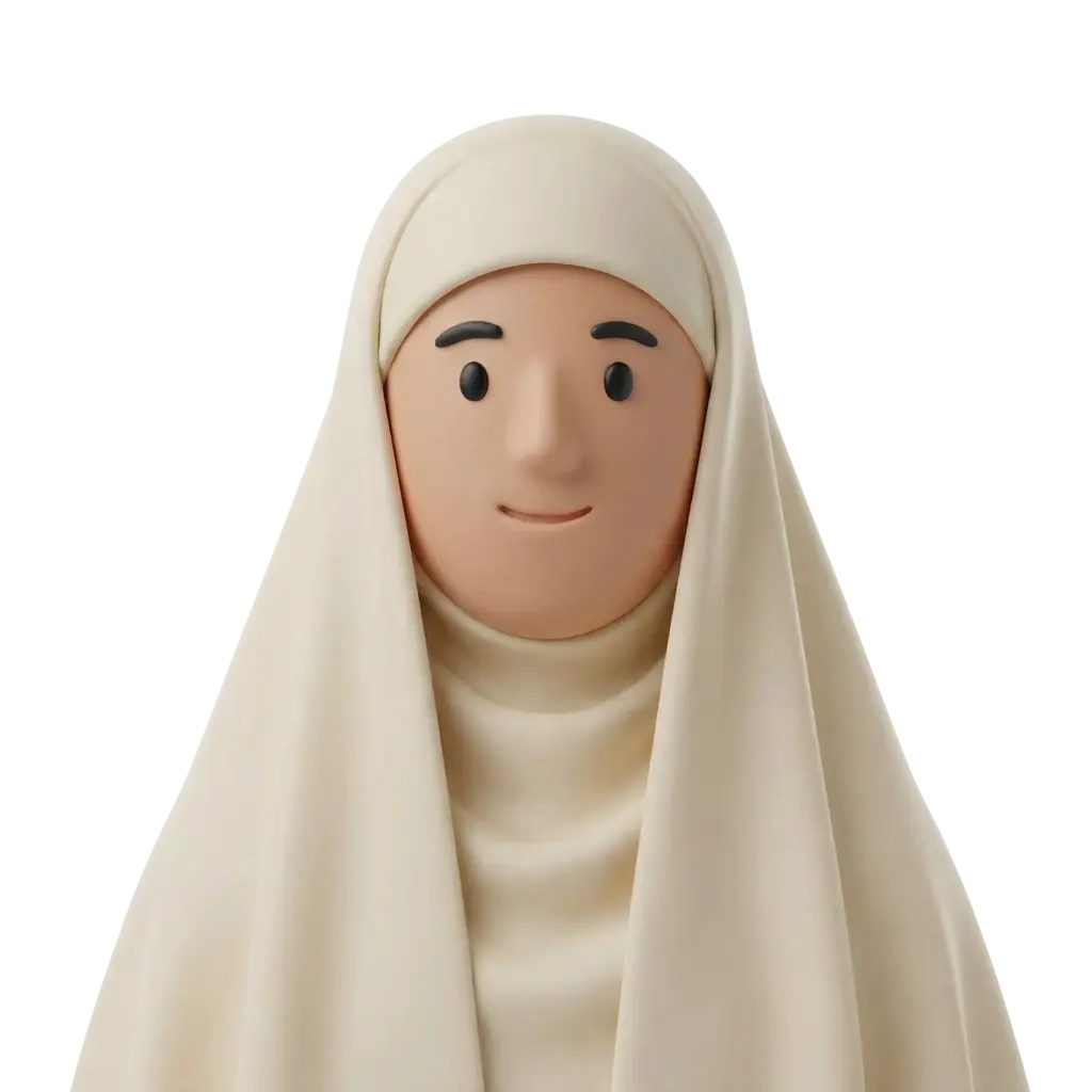 3D portrait bust of a woman wearing a cream khimar covering her hair and shoulders, with smooth stylized facial features, small black eyes and a gentle smile, posed against a solid black background.