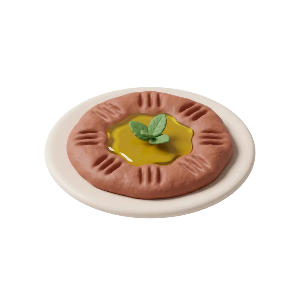 3D render of a round kibbeh nayyeh ring on a white plate, raw reddish-brown minced meat texture with a central pool of golden olive oil topped by two green mint leaves, smooth dough-like exterior with pressed indentations, isolated on a black background.