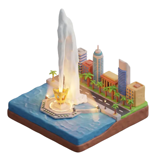 3D render of King Fahd Fountain in a stylized clay diorama showing a towering single water jet rising from a golden sculptural base on a coastal platform, with palm-lined corniche, nearby modern high-rise buildings and a road; soft warm lighting and isolated neutral background. The scene emphasizes illuminated water spray, reflective sea surface and compact city skyline from an angled perspective.