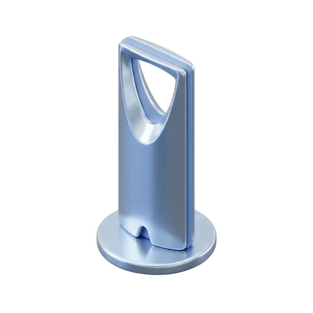 3D render of a stylized miniature of Riyadh's Kingdom Center in a glossy metallic light-blue finish, showing the signature triangular skybridge cutout and mounted on a round base, isolated on a black background.
