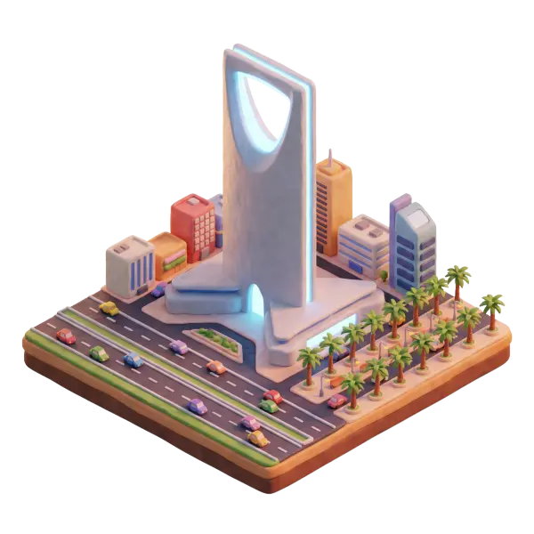 3D render of the Kingdom Centre tower in a stylized clay-like aesthetic, showing the signature top opening and smooth curved facade with neon blue accents. Isometric view includes surrounding mid-rise buildings, a palm-lined avenue and toy-like cars on a multi-lane road, soft studio lighting and isolated black background.