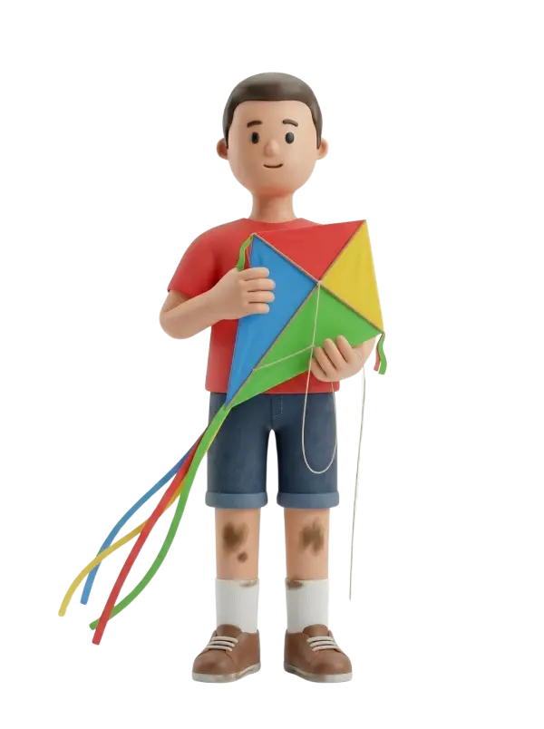 Full-body 3D character of a young boy wearing a red t-shirt, rolled denim shorts, white socks and brown shoes, holding a multicolored diamond kite with long streamers and a visible string; dirt smudges on his knees. He stands facing forward with a gentle smile against an isolated background.