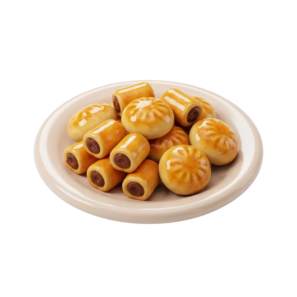 Close-up of a plate of glossy golden kleicha and small cylindrical date-filled pastries with visible dark date centers, arranged on a white ceramic plate against a black background.