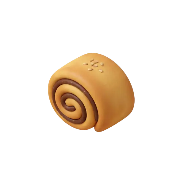 3D render of a single kleicha roll with golden-brown dough, a dark date-like spiral filling, and a few sesame seeds on top, isolated on a black background.