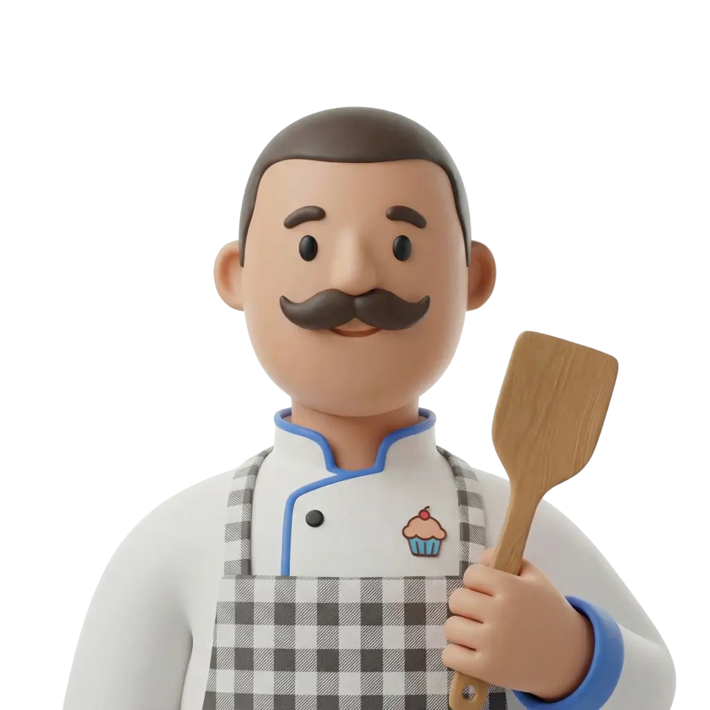 3D portrait bust of a male knafeh pastry chef wearing a white chef jacket with blue trim, a grey checkered apron and a thick dark mustache, holding a flat wooden spatula; neutral friendly expression and isolated black/transparent background.
