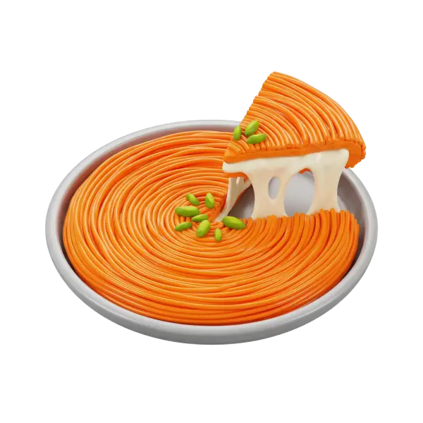 Close-up of a spiral knafeh in a shallow round metal tray with bright orange shredded pastry strands, a gooey white cheese pull from a lifted slice, scattered green pistachio kernels, on a black background.