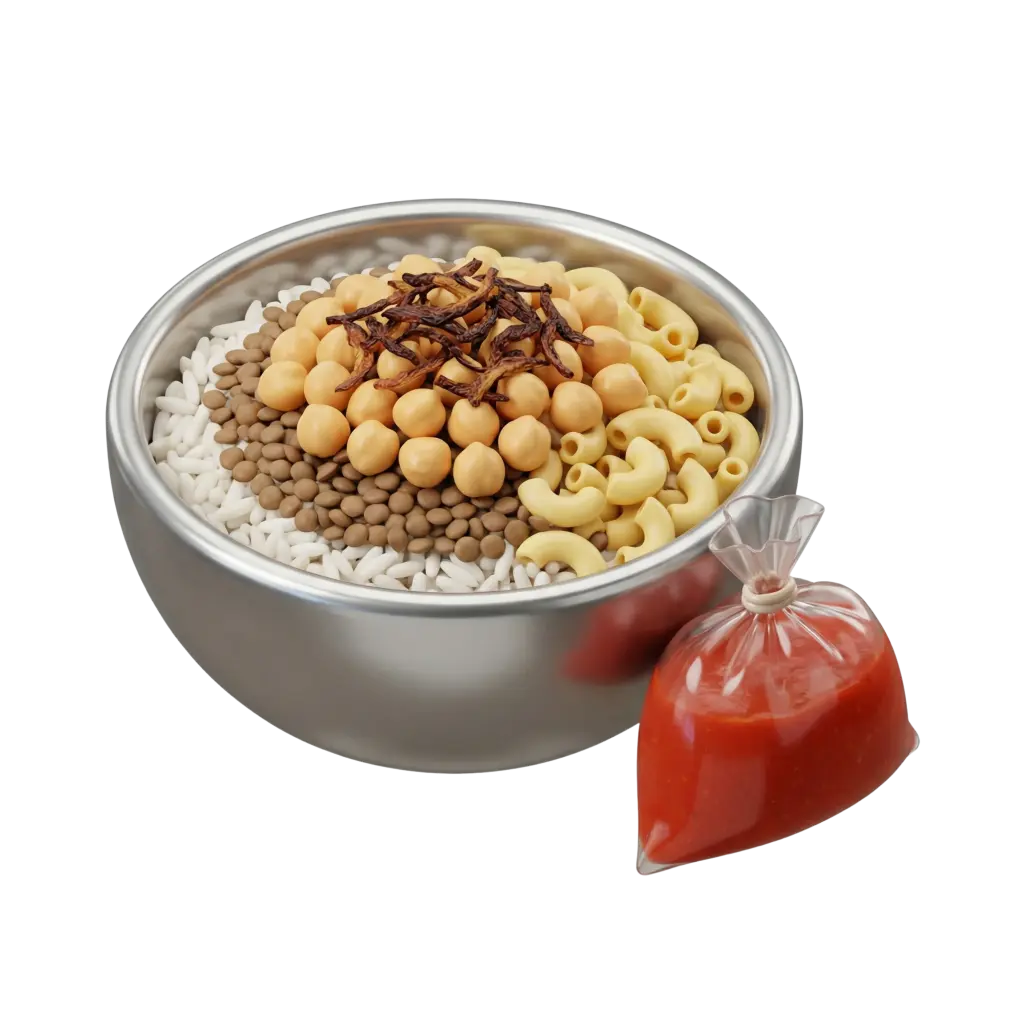 3D render of a stainless-steel bowl filled with koshary ingredients—white rice, brown lentils, chickpeas, elbow macaroni, and fried onions—with a tied plastic bag of red tomato sauce at the side. The bowl has a glossy metallic finish, the food shows realistic matte textures, and the render is isolated on a transparent background.