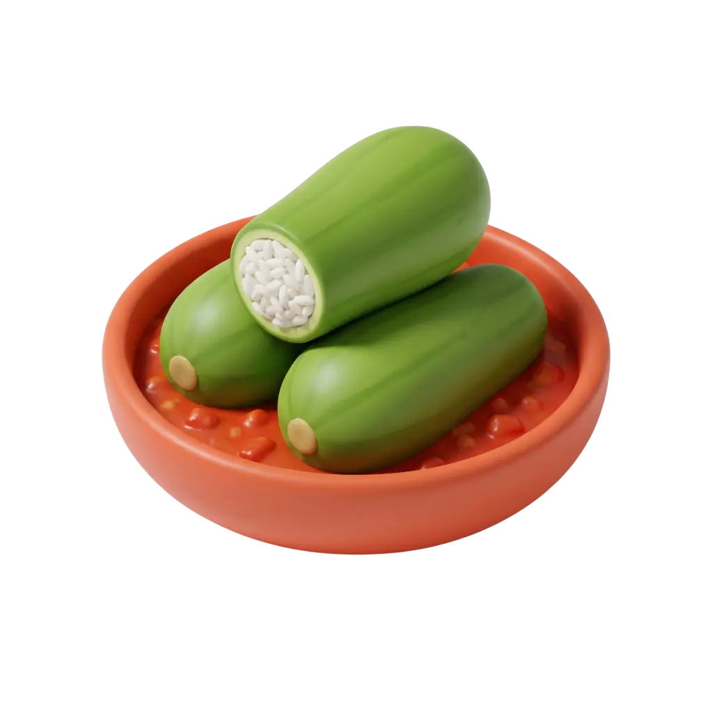 3D render of three green stuffed kousa (zucchini) filled with rice, placed in an orange ceramic bowl with chunky red tomato sauce; glossy skins and visible rice grains, isolated on a black background.