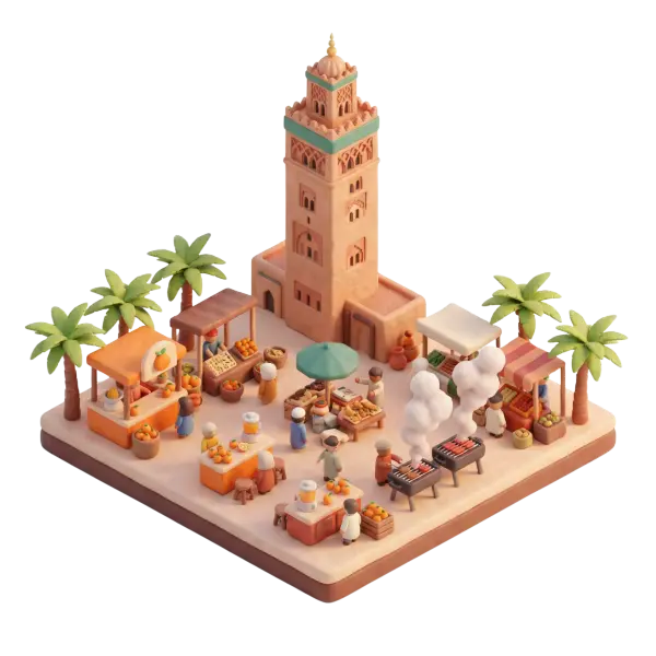 3D clay-style depiction of Koutoubia Mosque's tall minaret beside a bustling market square with palm trees, market stalls, vendors and food grills in warm terracotta and pastel tones. Isometric view with soft lighting and an isolated transparent background.