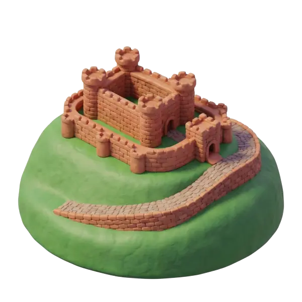 3D clay-style depiction of a terracotta stone castle with round crenellated towers atop a grassy hill and a winding cobblestone ramp. Isolated render on a dark/transparent background with soft studio lighting and subtle shadows.