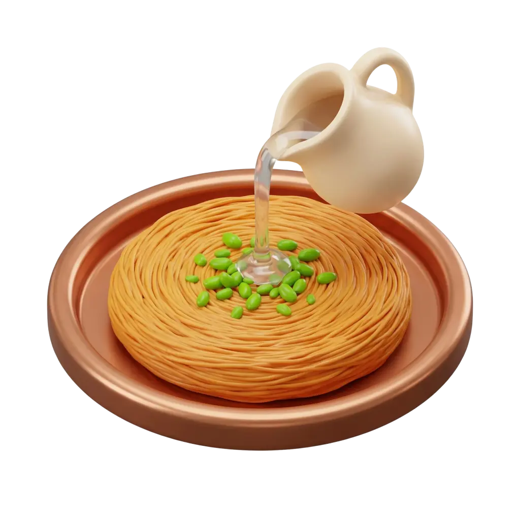3D render of a round coiled kunafa nest on a copper tray, topped with scattered green pistachio kernels while clear syrup is poured from a beige jug. Black background and isolated render with visible fine noodle texture and glossy syrup reflections.