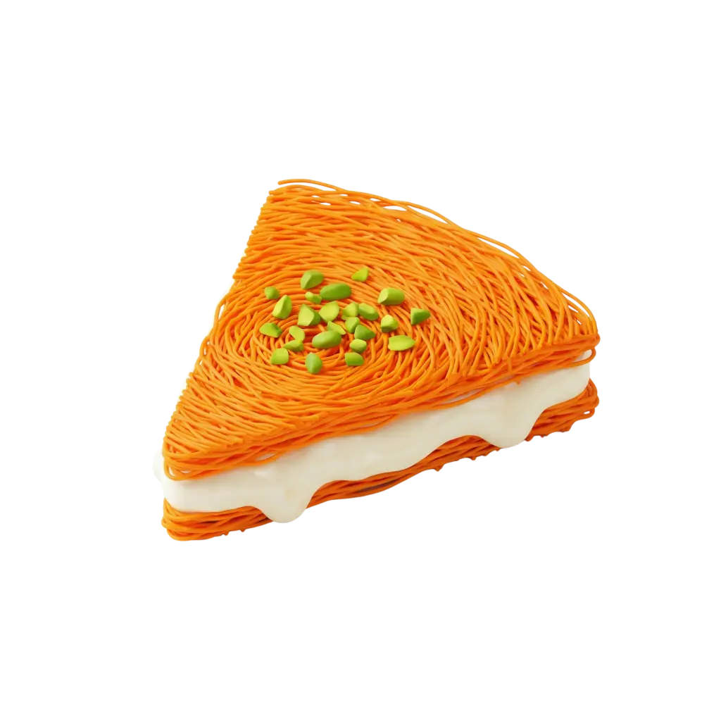 3D render of a triangular slice of kunafa with bright orange shredded pastry threads, a white creamy cheese filling oozing between layers, and chopped green pistachios on top, isolated on a black background.