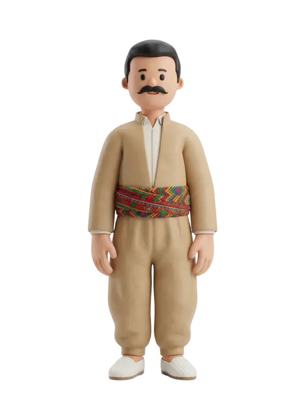 Full-body 3D character of a Kurdish man wearing a beige traditional jacket and baggy trousers with a colorful woven sash around the waist, white woven slip-on shoes, short black hair and a curved mustache. Neutral expression with hands relaxed at his sides, isolated on a black background.