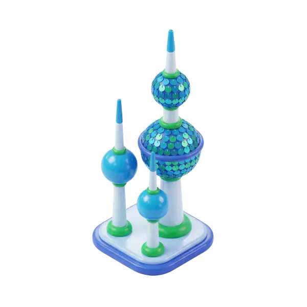 3D render of Kuwait Towers showing three stylized white spires topped with glossy turquoise-blue spheres and a larger main sphere covered in metallic sequin-like tiles, accented with green rings and mounted on a rounded square white base; isolated on a transparent background.