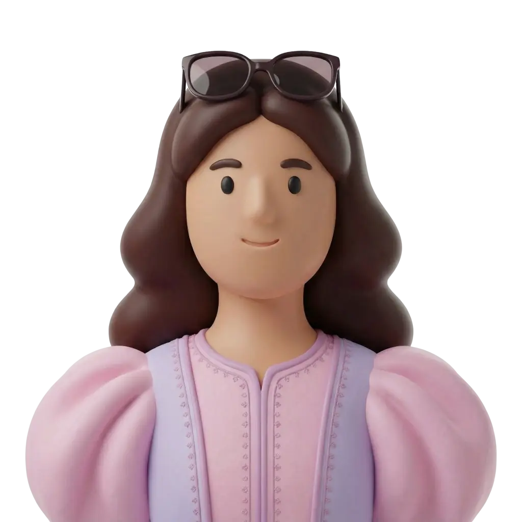 3D portrait bust of a young woman with long wavy brown hair wearing a pastel pink and lilac dress with puffed sleeves and delicate embroidery, sunglasses perched on her head, neutral smile and soft matte finish against a dark isolated background.