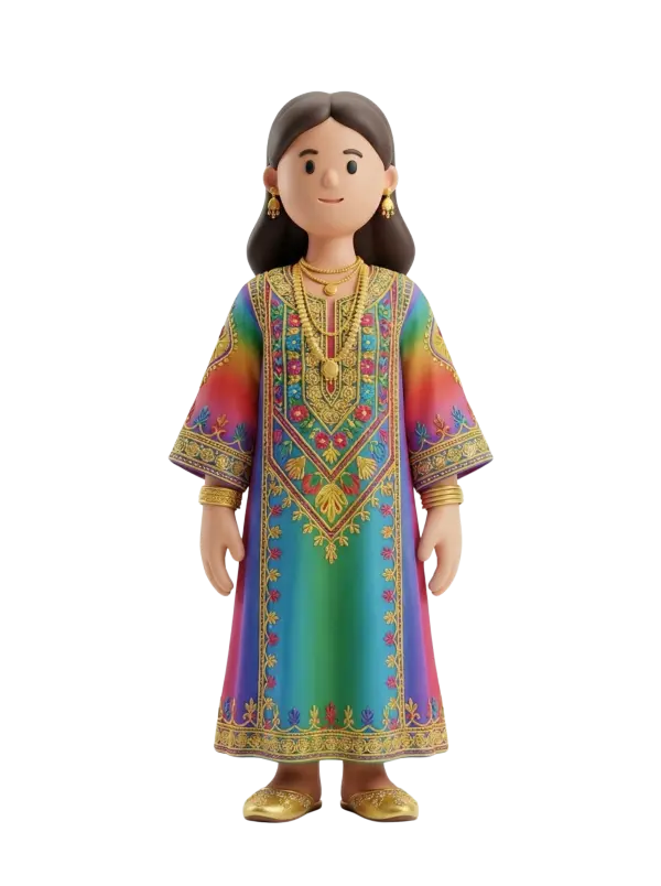 Full-body 3D character of a Kuwaiti woman wearing a colorful embroidered thobe with intricate gold trim, layered gold necklaces, earrings and bracelets, smiling and standing front-facing with hands at her sides. Isolated on a dark/transparent background in a neutral pose.