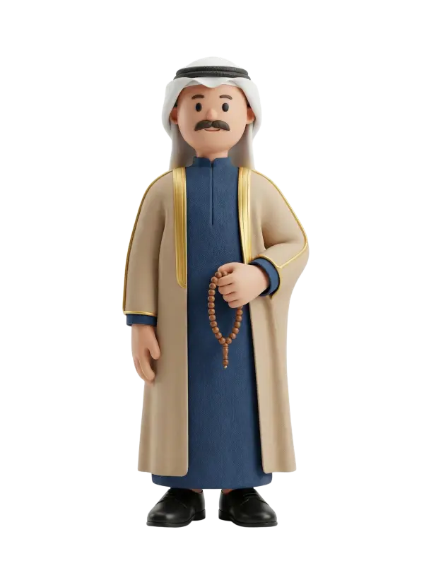 Full-body 3D character of a Kuwaiti man wearing a blue thobe and beige bisht with gold trim, white ghutra and black agal, holding brown prayer beads, with a friendly mustached face and neutral standing pose. Isolated render on a transparent background.