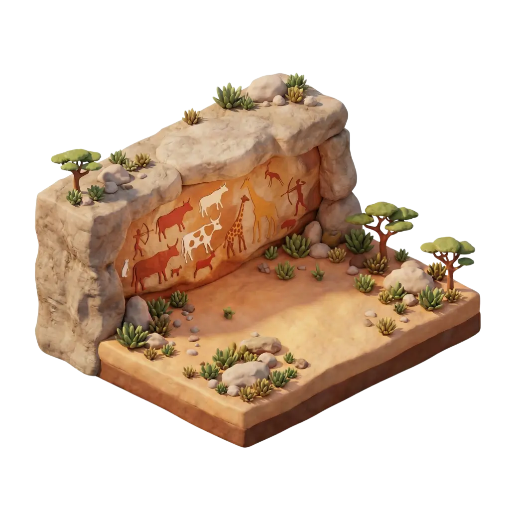 3D render of a rock shelter scene with vivid prehistoric rock paintings of cattle, giraffe and human figures on an orange-brown cliff face, surrounded by sandy ground, scattered rocks, succulents and small acacia-like trees; isometric perspective with soft, warm lighting and isolated transparent background.