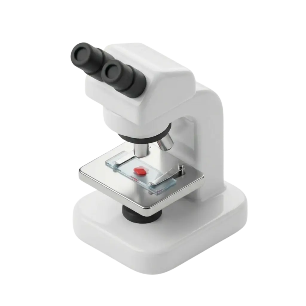 3D render of a white lab microscope with a matte plastic body, black rubber binocular eyepieces, chrome metallic stage and a glass slide with a red sample, isolated on a transparent background.