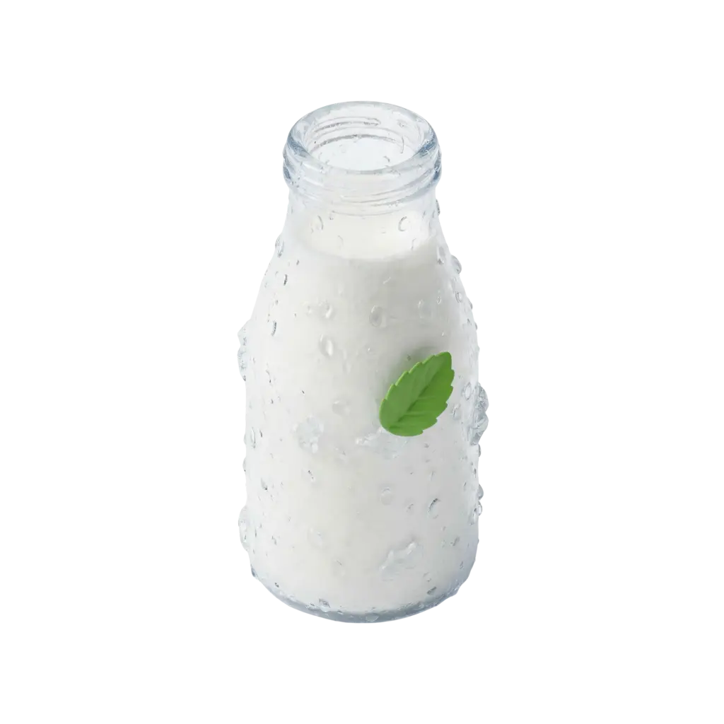 3D render of a glass bottle filled with white ayran, showing condensation droplets on the glass and a small green leaf sticker on the side, isolated on a black background.