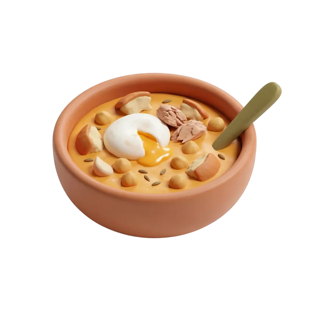 Close-up of a 3D render of a terracotta bowl of lablabi with creamy orange chickpea soup, whole chickpeas, torn bread pieces, a soft-poached egg with runny yolk, tuna flakes, scattered seeds and a green-handled spoon on a black background.