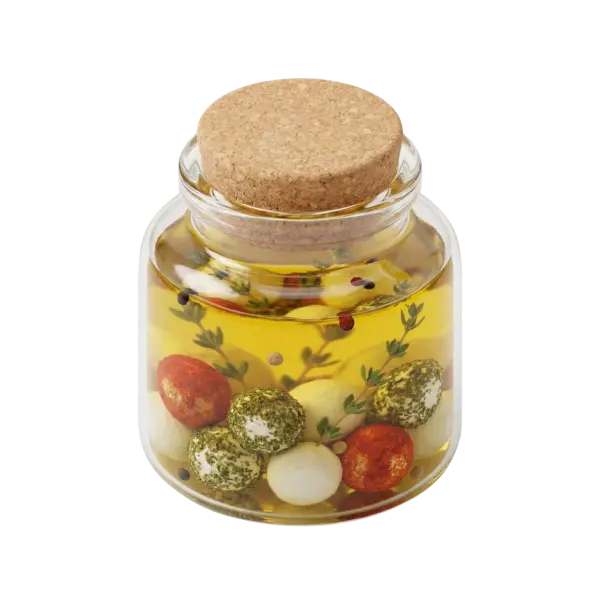 Close-up of a glass jar with a cork lid filled with golden oil and small labneh balls—some coated in green herbs and others in red spice—along with thyme sprigs and peppercorns against a black background.