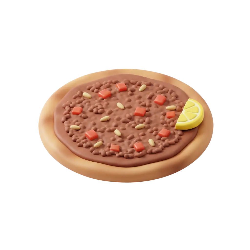 3D render of a round lahm bi ajeen on a dough base with a minced meat topping sprinkled with pine nuts and small red tomato cubes, garnished with a lemon wedge on a black background.